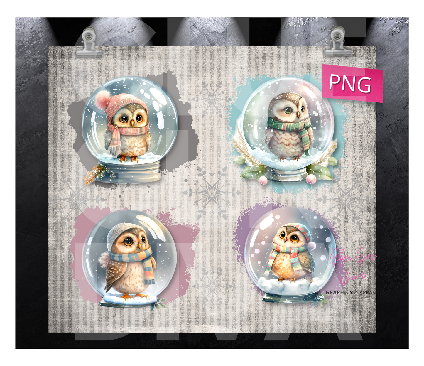 Owl Snowglobes - Digital tumbler wrap for 20 oz skinny straight tumbler