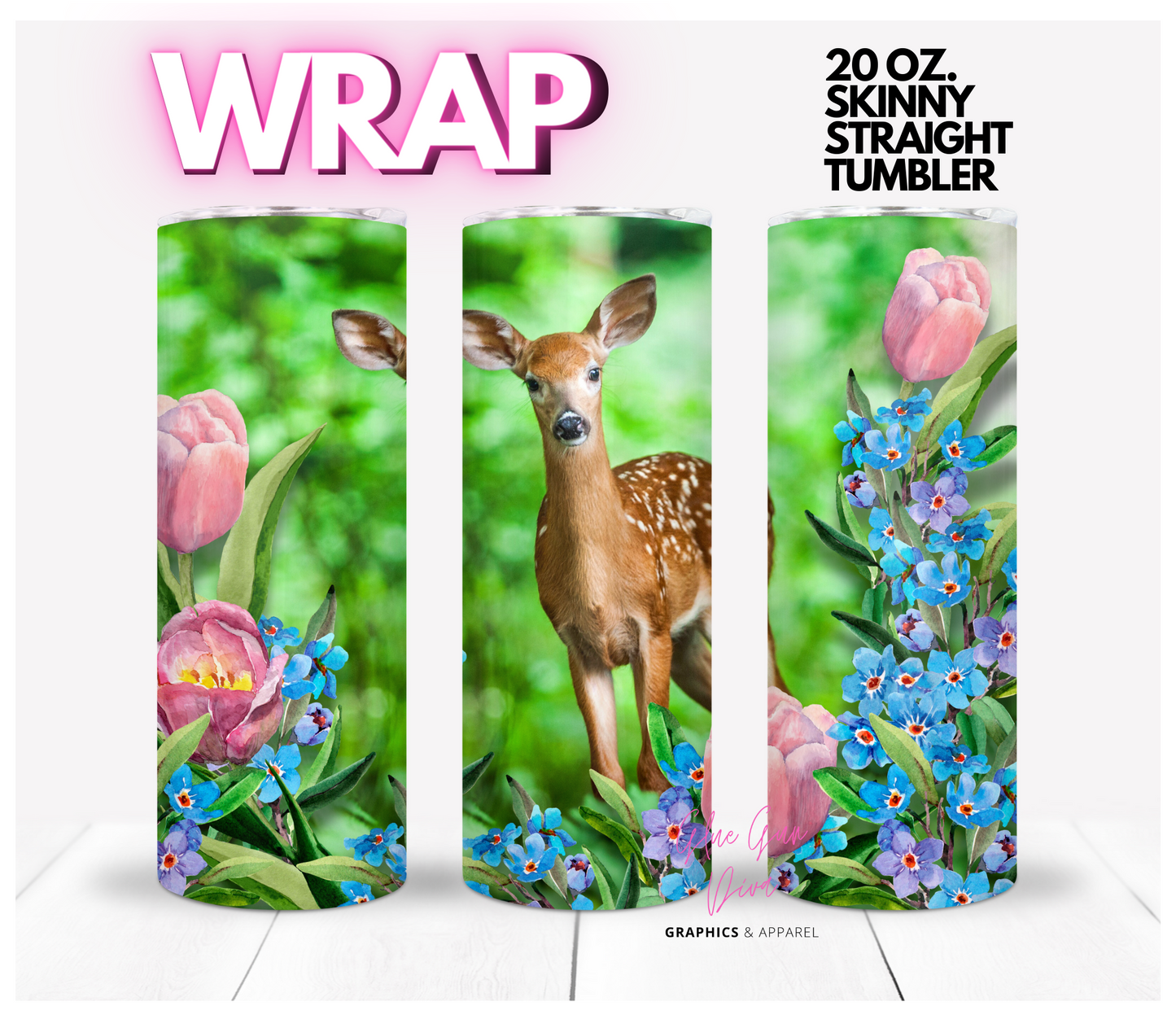 Fawn among the flowers-  Digital tumbler wrap for 20 oz skinny straight tumbler