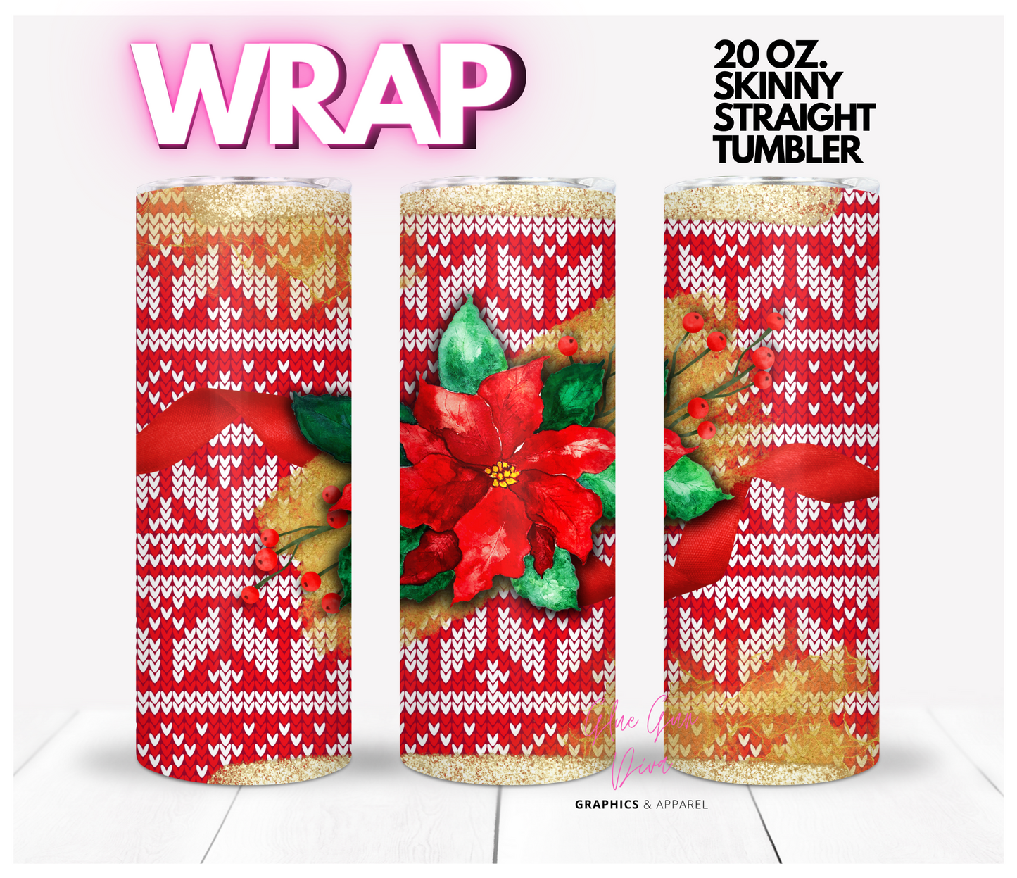 Christmas sweater with poinsettia -  Digital tumbler wrap for 20 oz skinny straight tumbler