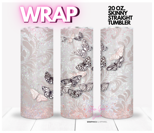 Butterflies Mauve Damask - Digital tumbler wrap for 20 oz skinny straight tumbler