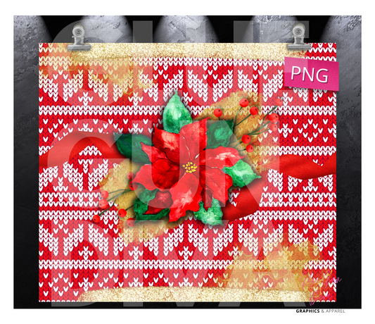 Christmas sweater with poinsettia -  Digital tumbler wrap for 20 oz skinny straight tumbler