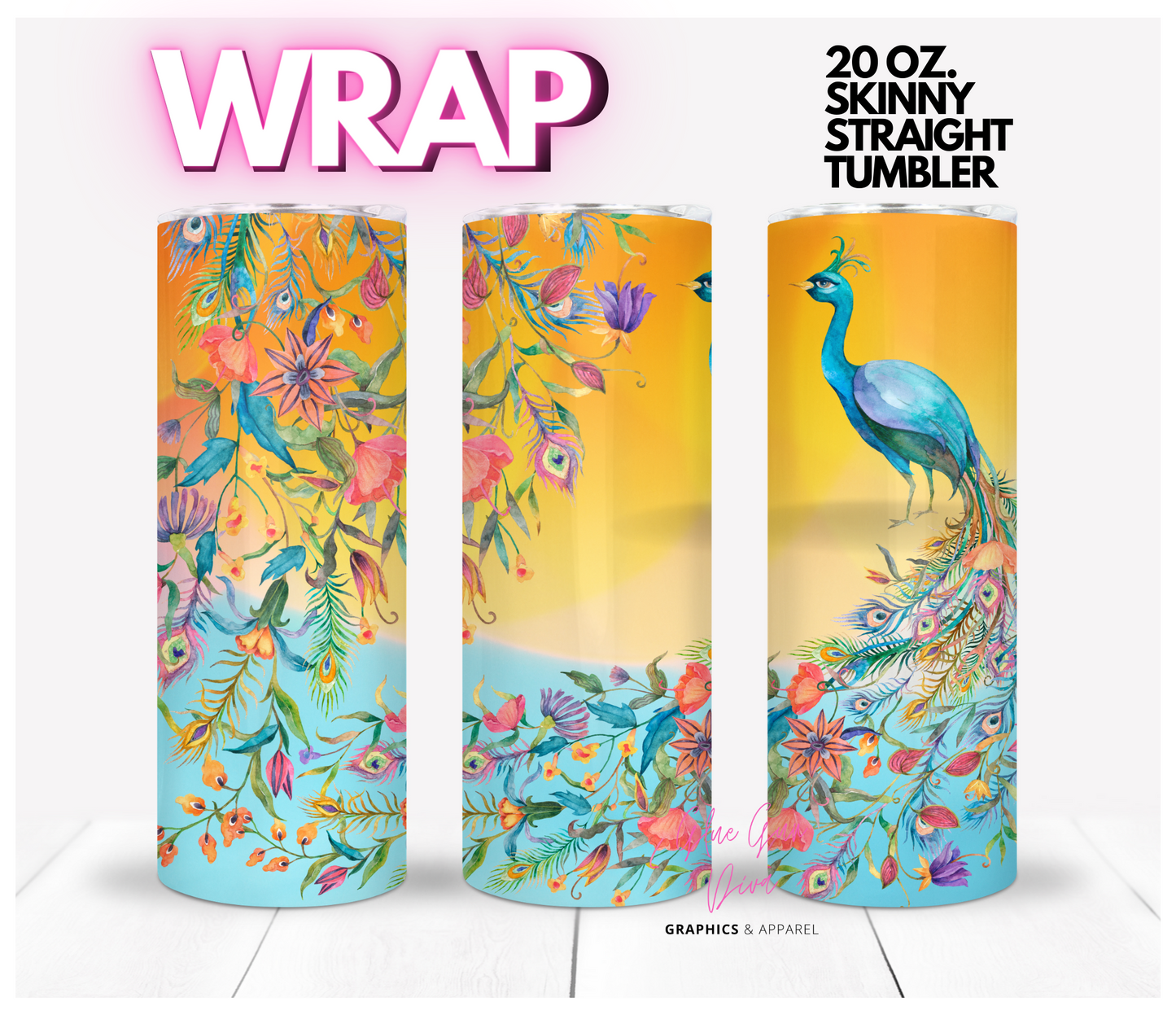 Peacock Orange Teal - Digital tumbler wrap for 20 oz skinny straight tumbler