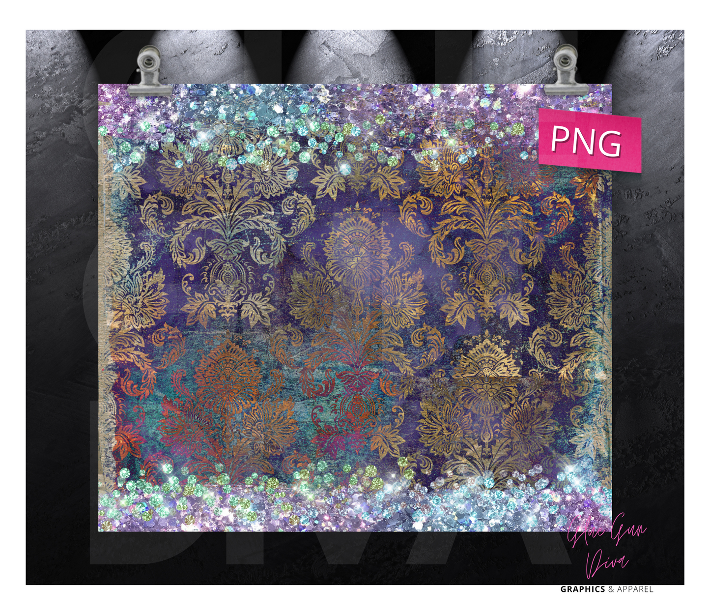 Victoria Damask and Glitter - Digital tumbler wrap for 20 oz skinny straight tumbler