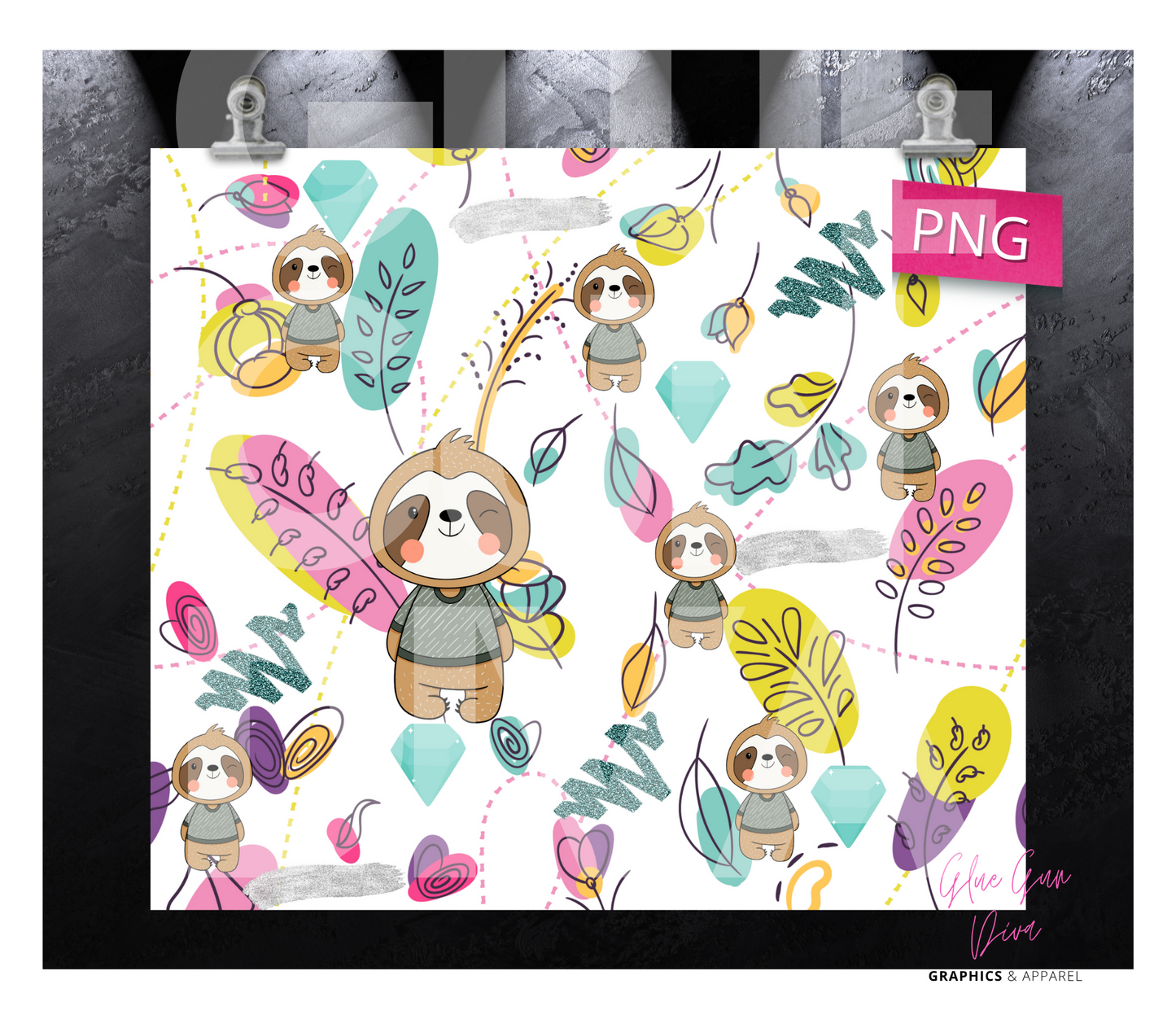 Happy Sloth -Digital tumbler wrap for 20 oz skinny straight tumbler