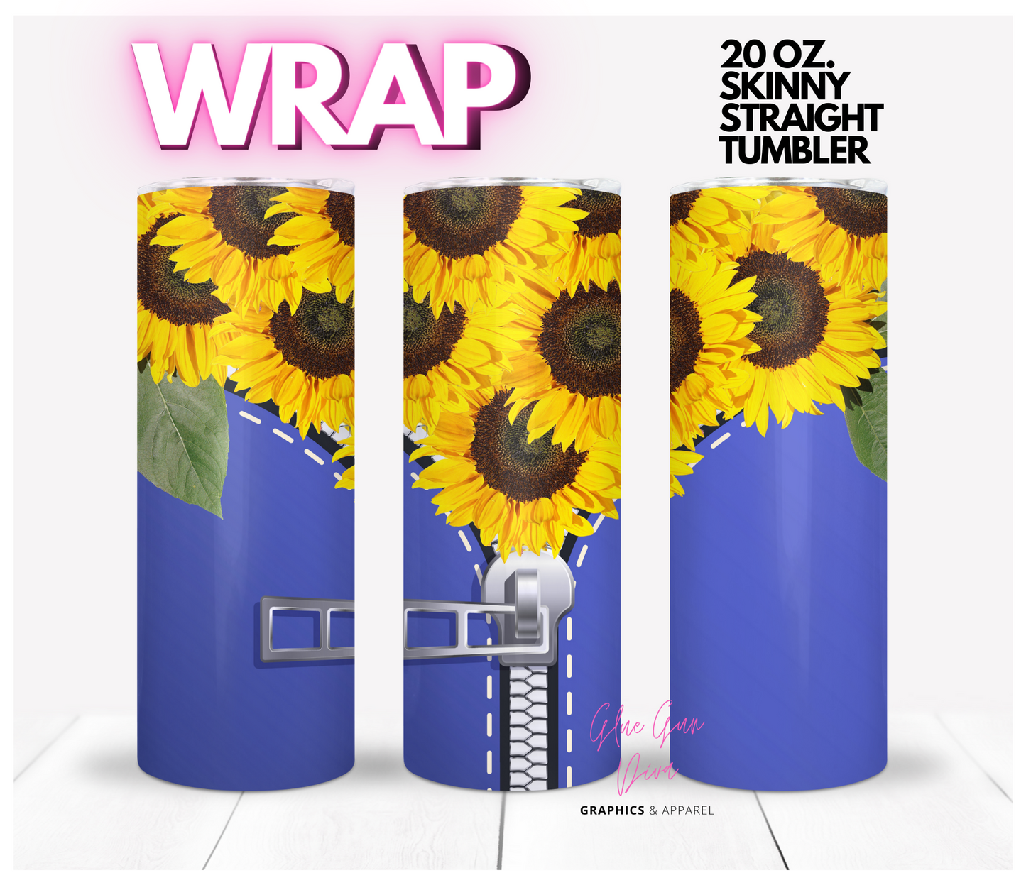 Sunflowers and zipper- Digital tumbler wrap for 20 oz skinny straight tumbler