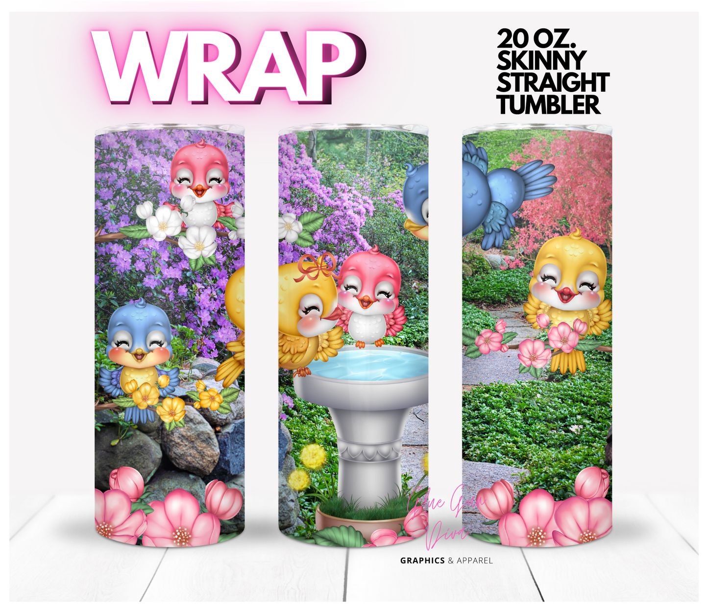 Cute birds in fountain- Digital tumbler wrap for 20 oz skinny straight tumbler