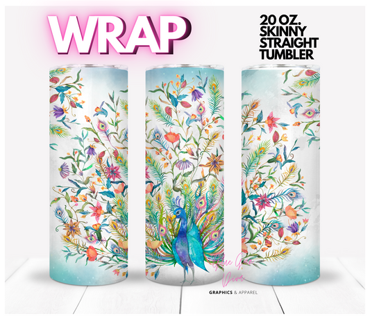 Peacock flowers blue - Digital tumbler wrap for 20 oz skinny straight tumbler