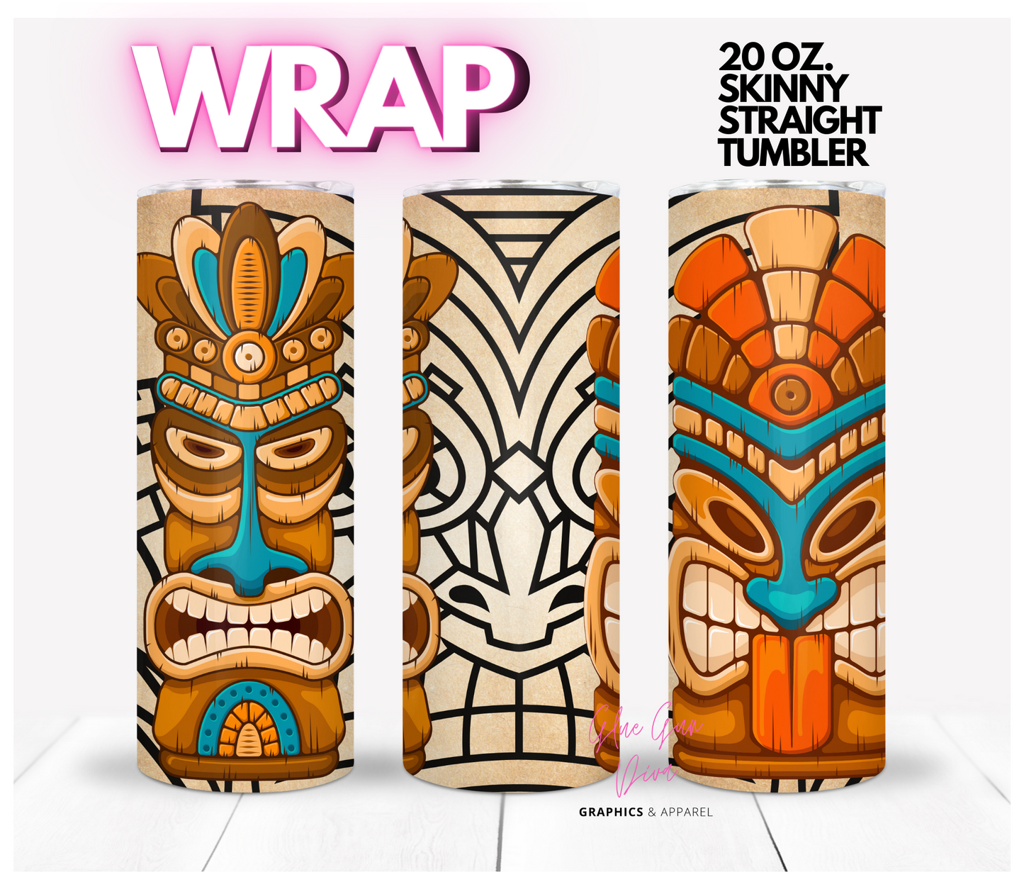 Tiki Mask closeup - Digital tumbler wrap for 20 oz skinny straight tumbler