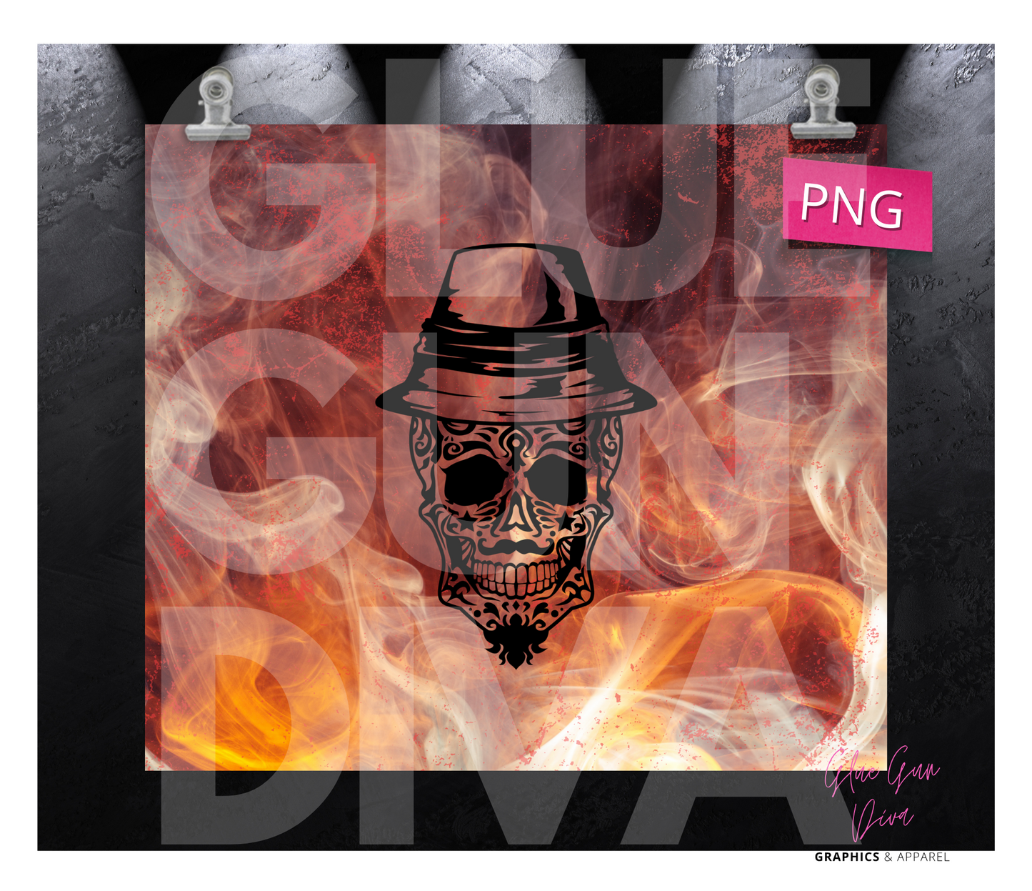 Skeleton with Hat Smoke Background- Digital tumbler wrap for 20 oz skinny straight tumbler