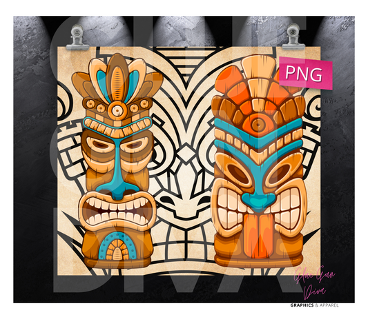 Tiki Mask closeup - Digital tumbler wrap for 20 oz skinny straight tumbler