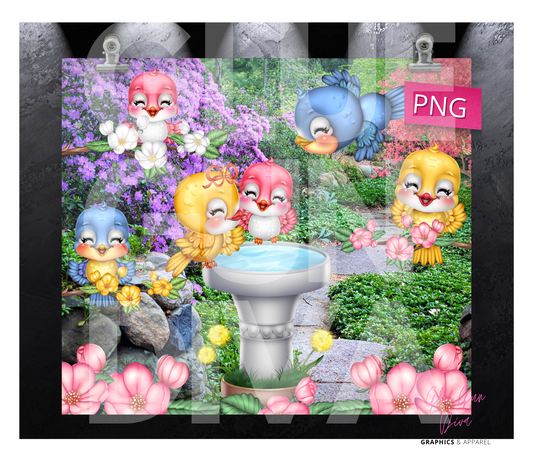 Cute birds in fountain- Digital tumbler wrap for 20 oz skinny straight tumbler