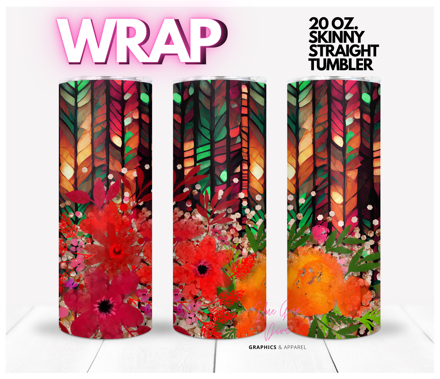 Flowers Stained Glass backdrop- Digital tumbler wrap for 20 oz skinny straight tumbler