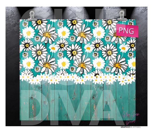 Daisies and teal wood -  Digital tumbler wrap for 20 oz skinny straight tumbler