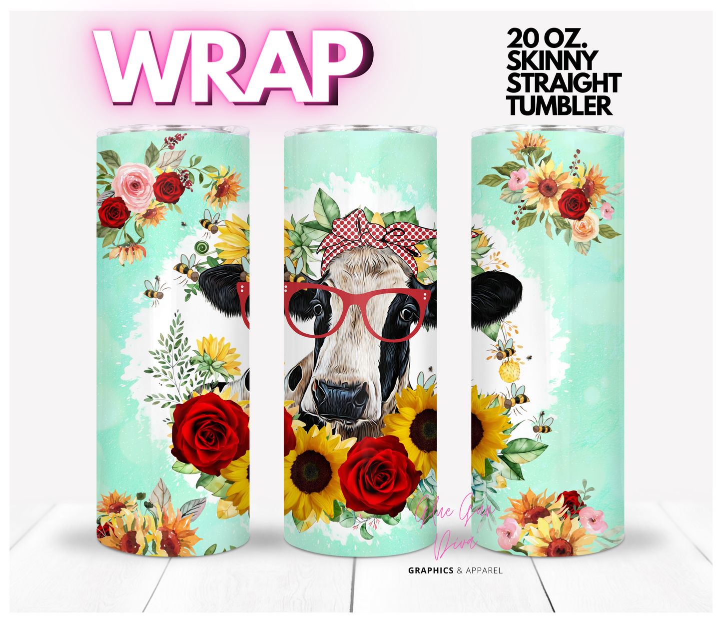 Cow with glasses and Flowers- Digital tumbler wrap for 20 oz skinny straight tumbler