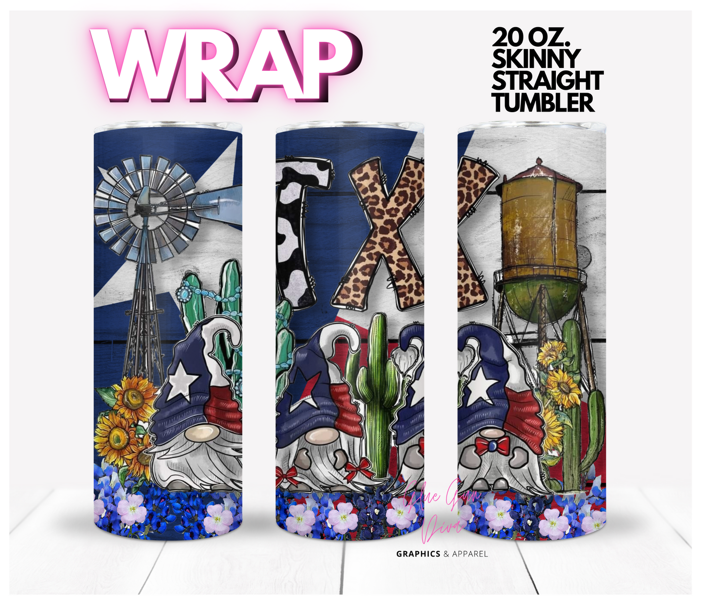 Texas Gnomes-  Digital tumbler wrap for 20 oz skinny straight tumbler