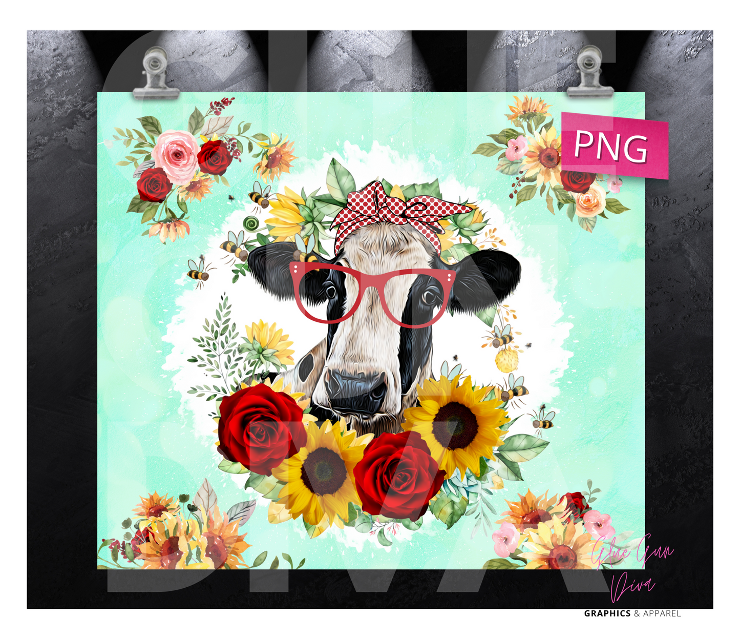 Cow with glasses and Flowers- Digital tumbler wrap for 20 oz skinny straight tumbler