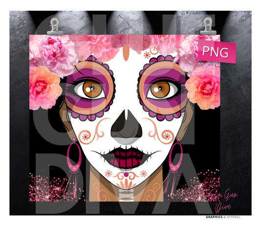 Pink Sugar Skull Face - Digital tumbler wrap for 20 oz skinny straight tumbler