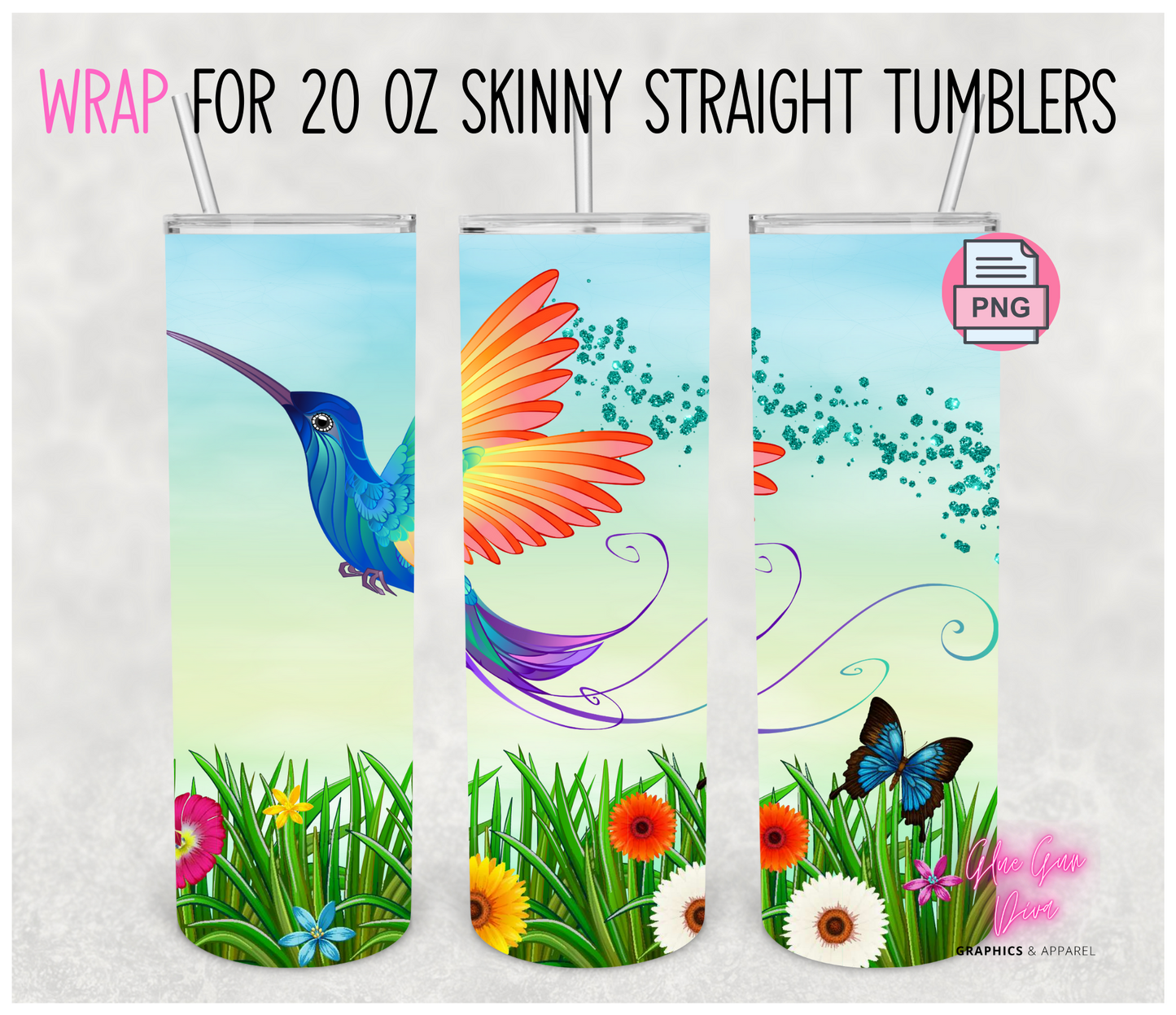 Rainbow Hummingbird-   Digital tumbler wrap for 20 oz skinny straight tumbler