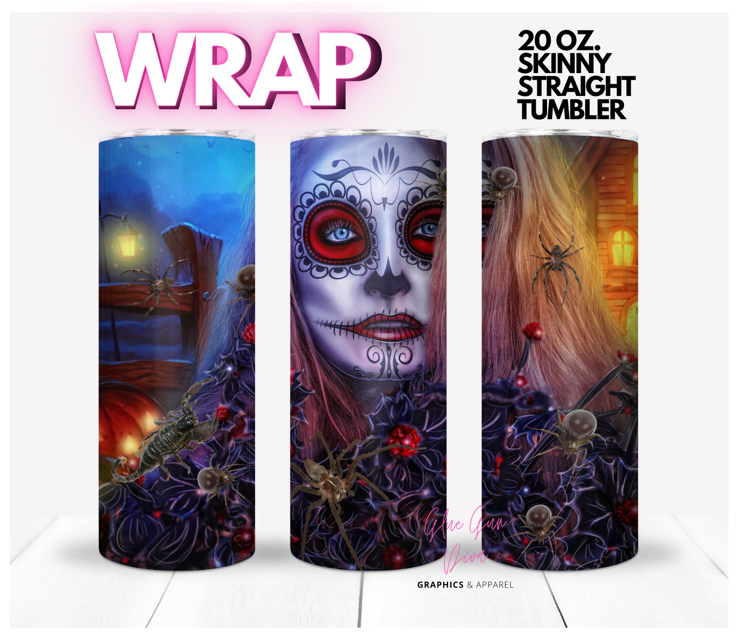 Sugar Skull and insects -  Digital tumbler wrap for 20 oz skinny straight tumbler