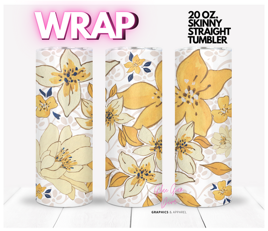 Yellow Flowers Blue Leaves- Digital tumbler wrap for 20 oz skinny straight tumbler