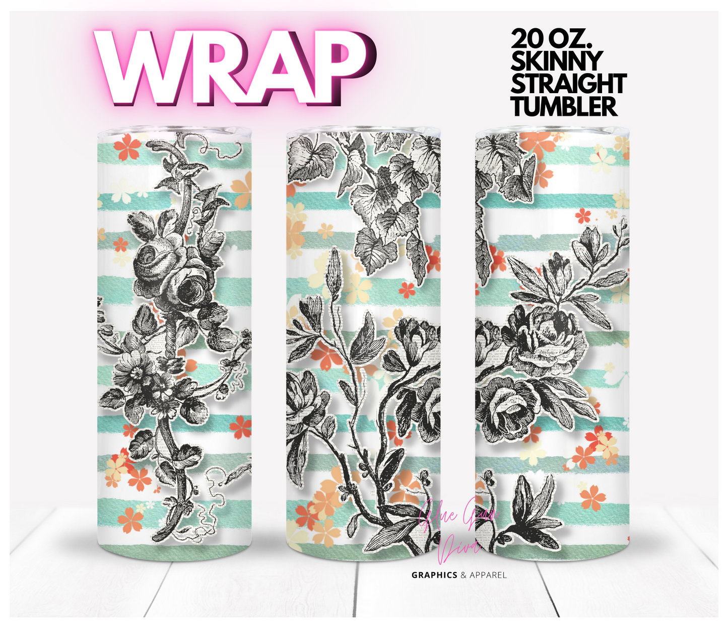 Newspaper Flowers -  Digital tumbler wrap for 20 oz skinny straight tumbler