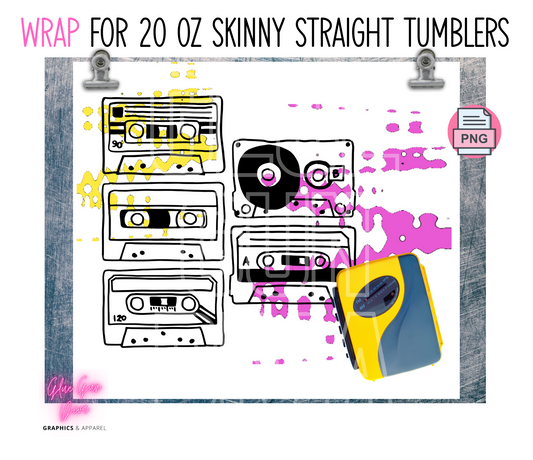 Cassette Player and tapes-   Digital tumbler wrap for 20 oz skinny straight tumbler