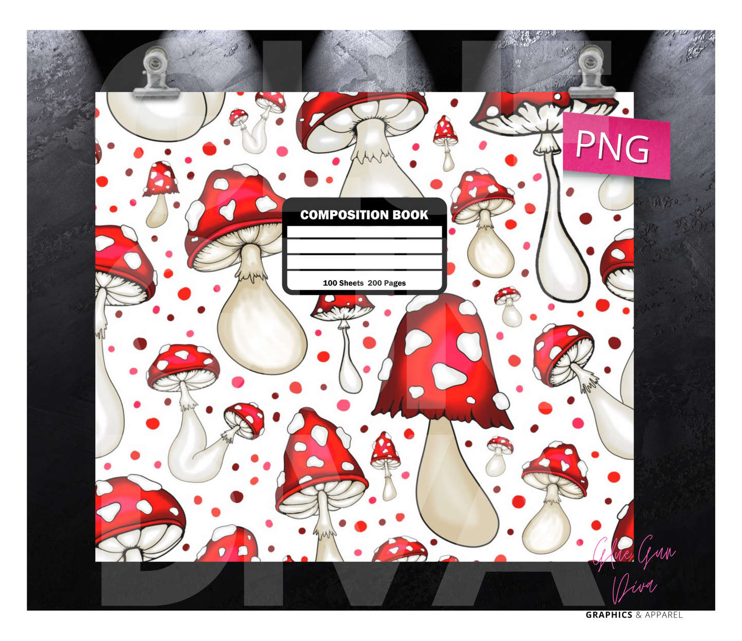 Mushroom Composition Notebook-  Digital tumbler wrap for 20 oz skinny straight tumbler