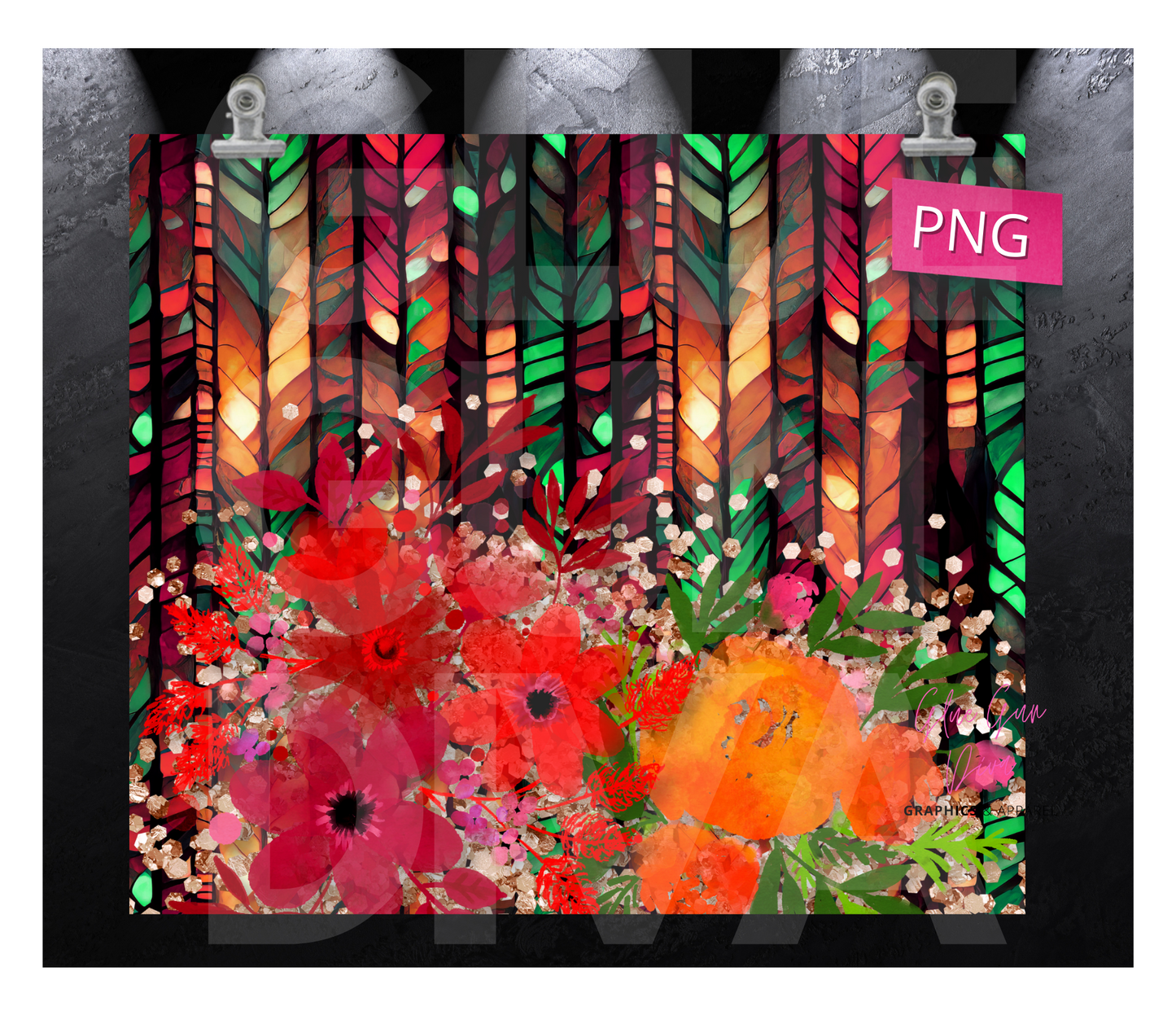 Flowers Stained Glass backdrop- Digital tumbler wrap for 20 oz skinny straight tumbler