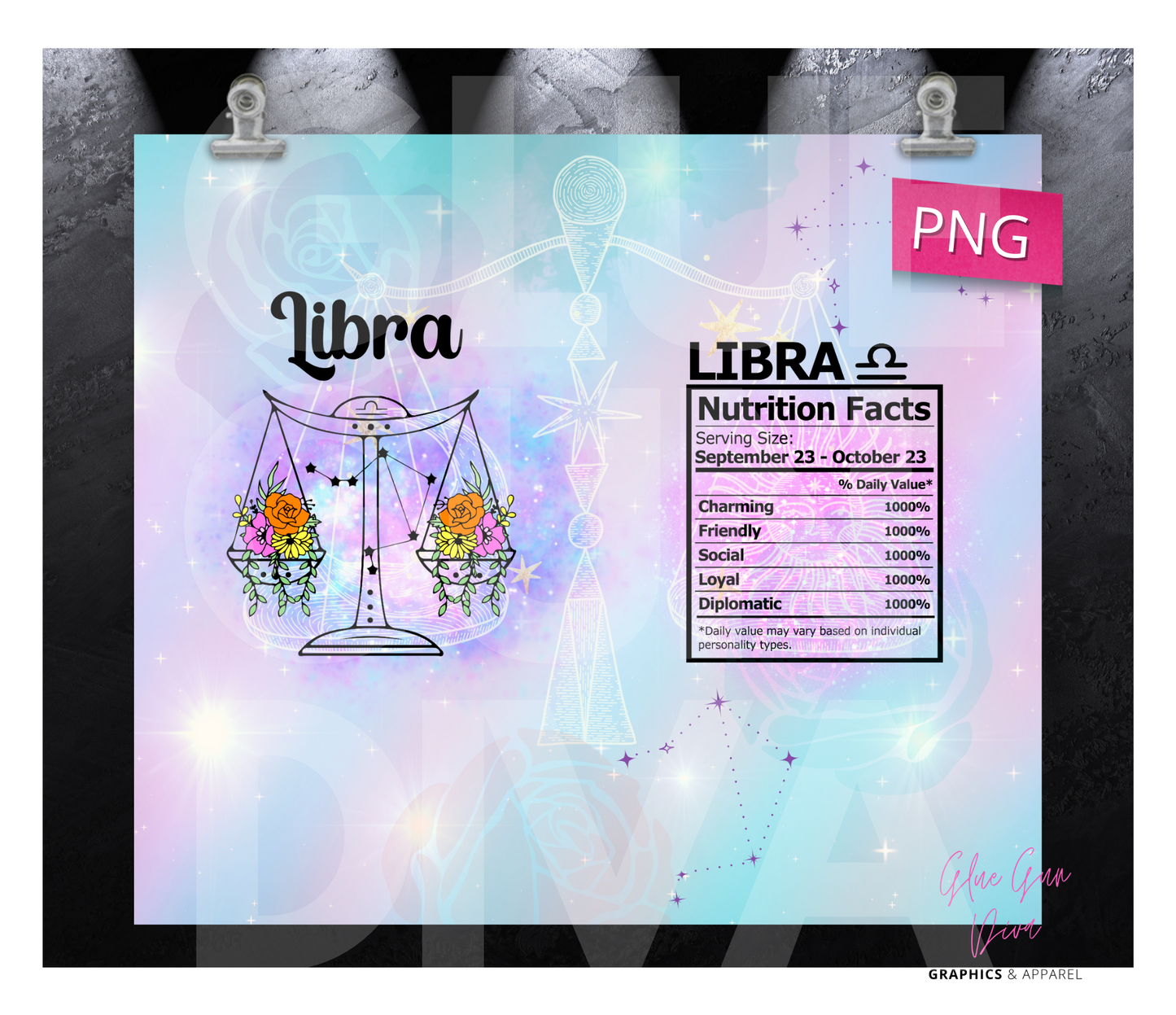 Libra Zodiac Nutrition Facts - Digital tumbler wrap for 20 oz skinny straight tumbler