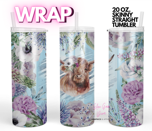 Cute Lavender Cow- digital tumbler wrap for 20 oz skinny straight tumbler