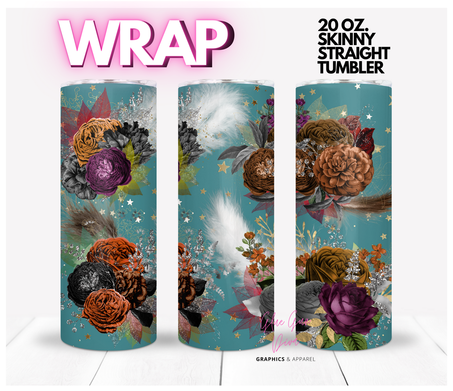 Autumn Flowers-  Digital tumbler wrap for 20 oz skinny straight tumbler