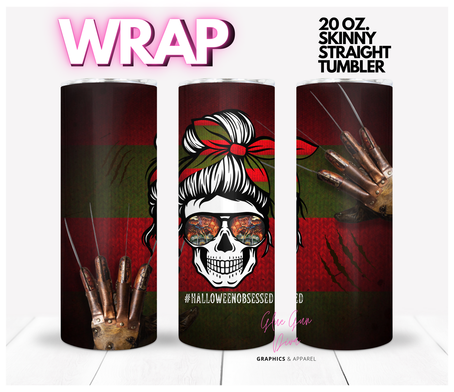 Halloween Obsessed Messy Bun -  Digital tumbler wrap for 20 oz skinny straight tumbler