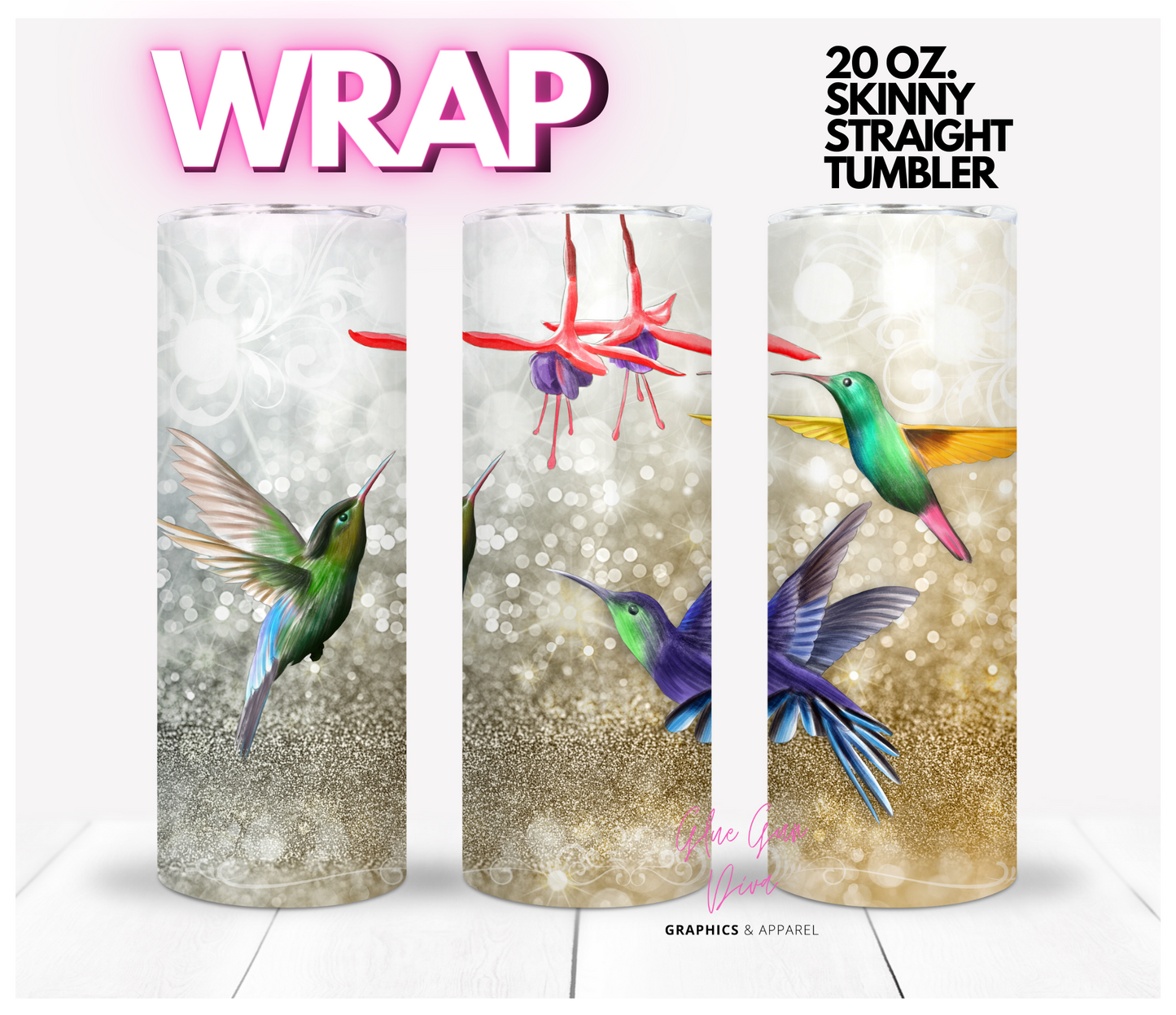 Hummingbird Scrolls - Digital tumbler wrap for 20 oz skinny straight tumbler