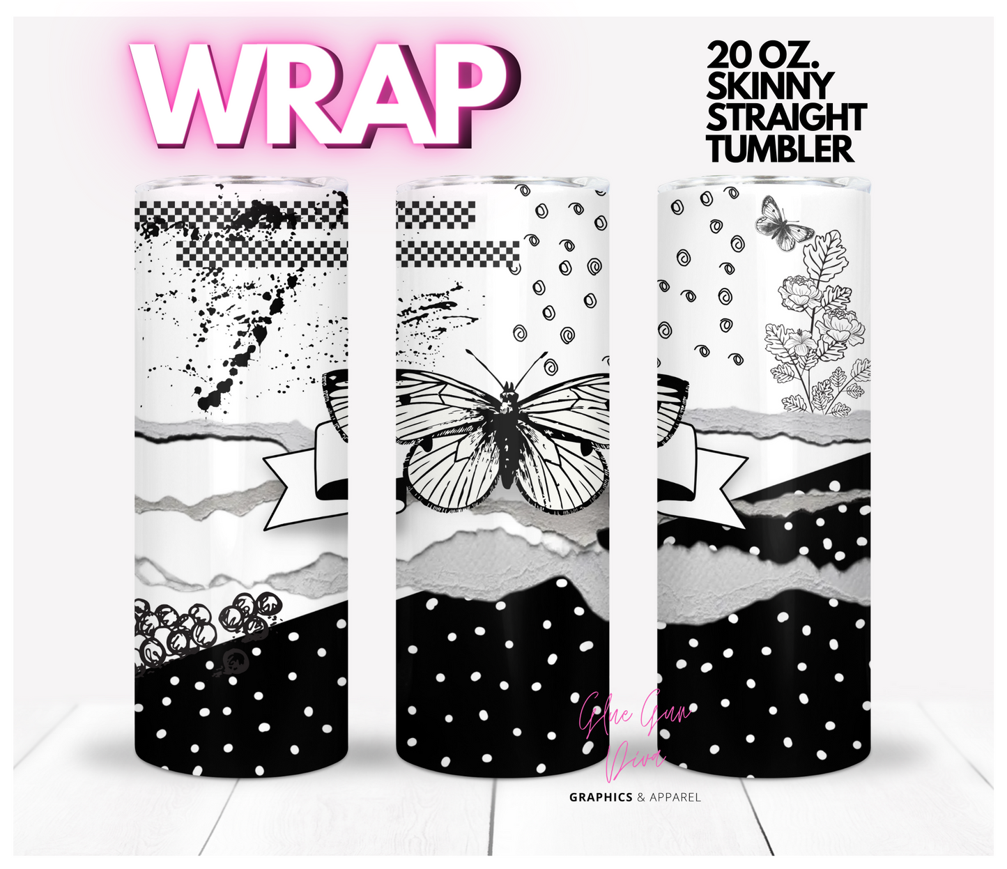 Black and White Art -  Digital tumbler wrap for 20 oz skinny straight tumbler