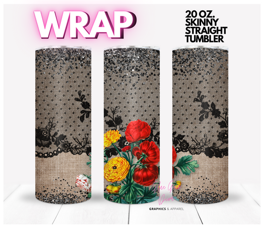 Black Lace Burlap and Flowers - Digital tumbler wrap for 20 oz skinny straight tumbler