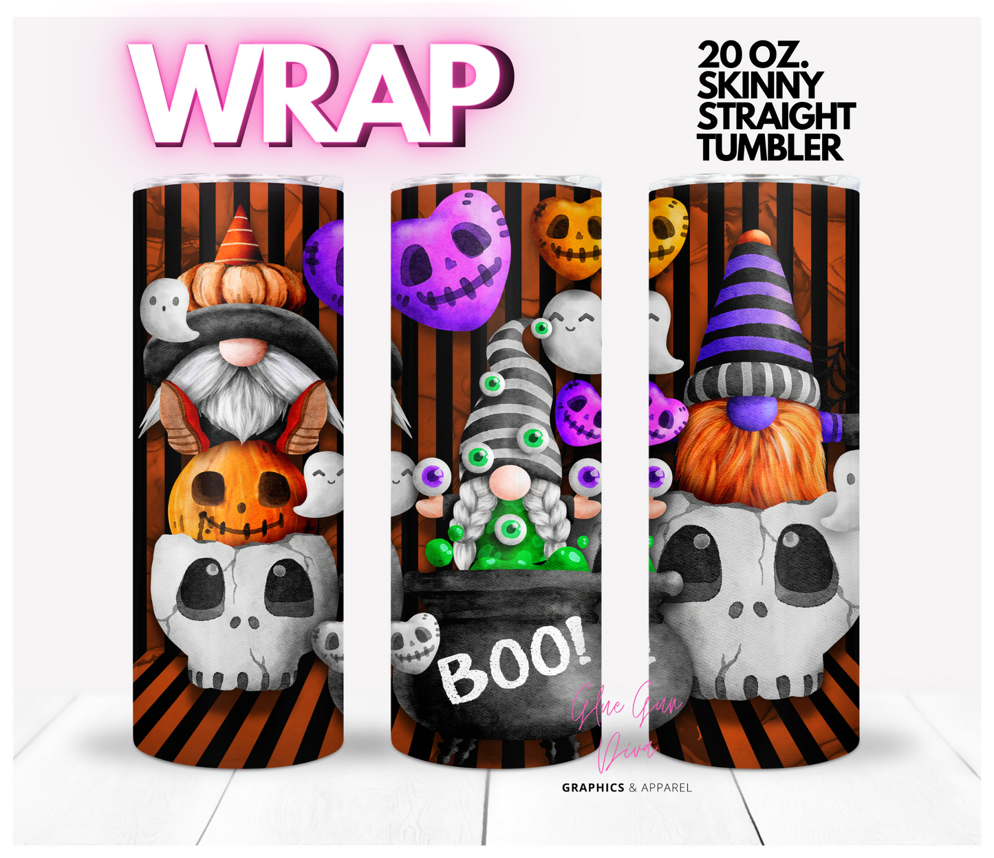 Halloween Gnome Trio -  Digital tumbler wrap for 20 oz skinny straight tumbler