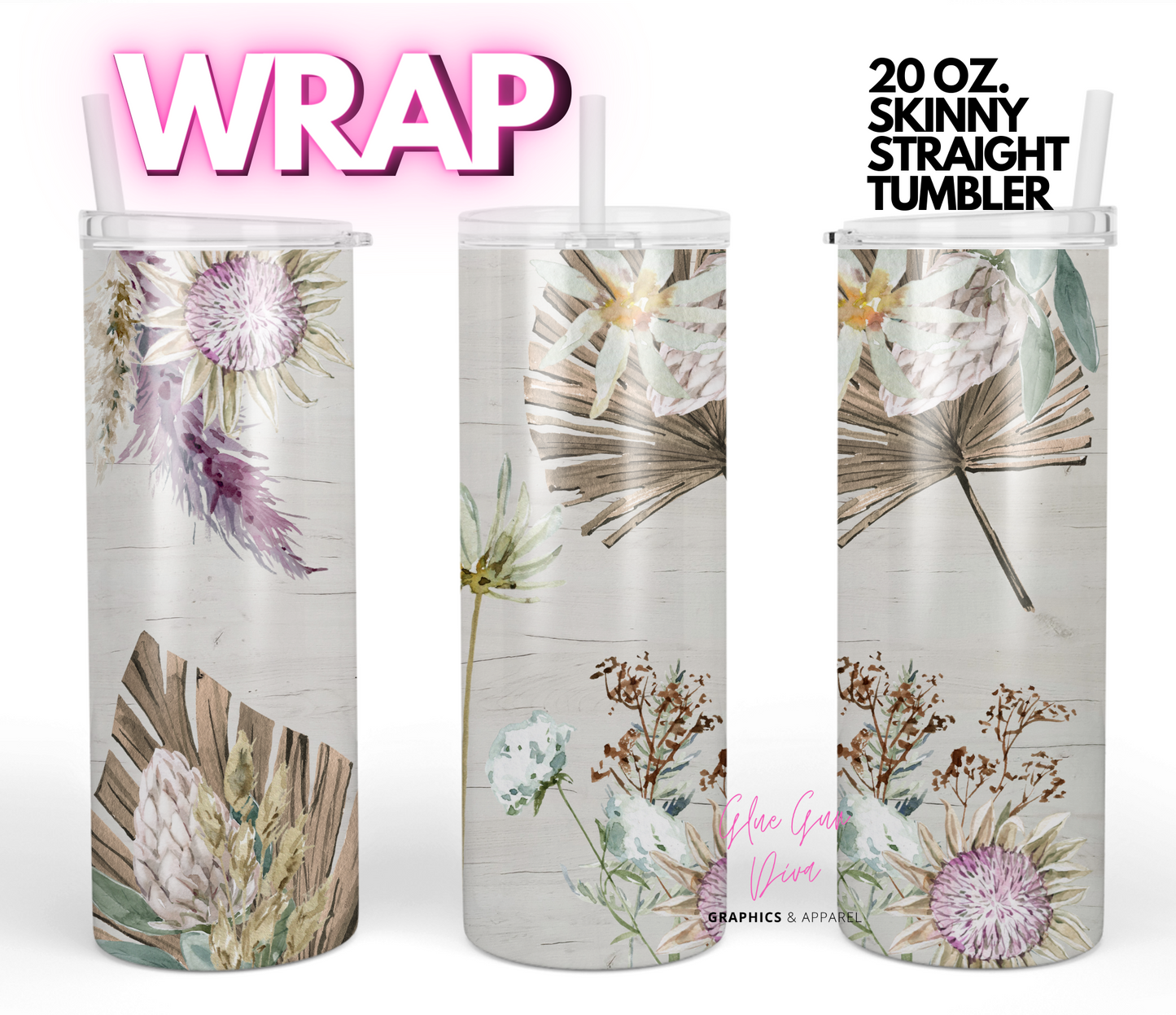 Boho leaves and flowers - Digital tumbler wrap for 20 oz skinny straight tumbler