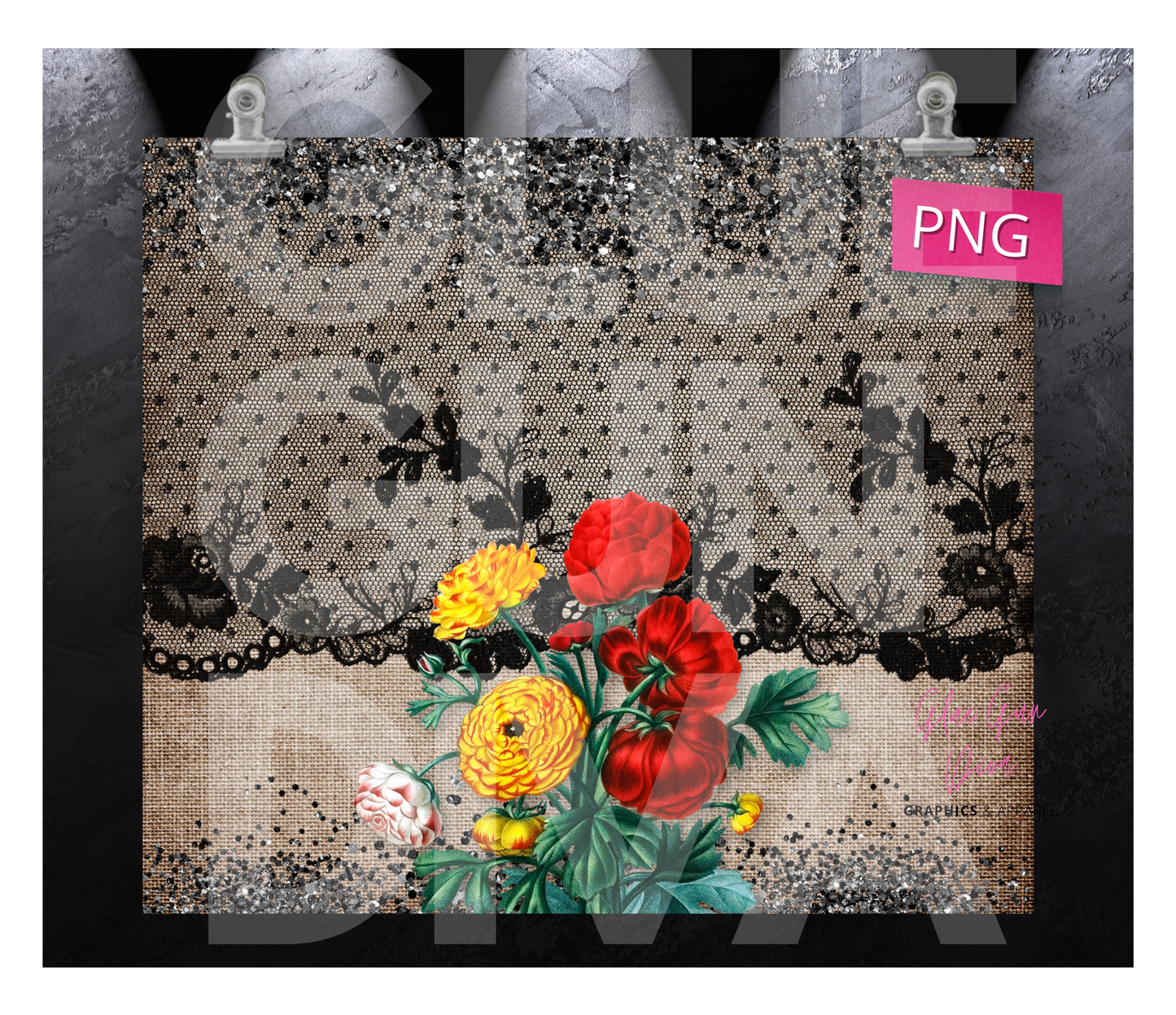 Black Lace Burlap and Flowers - Digital tumbler wrap for 20 oz skinny straight tumbler