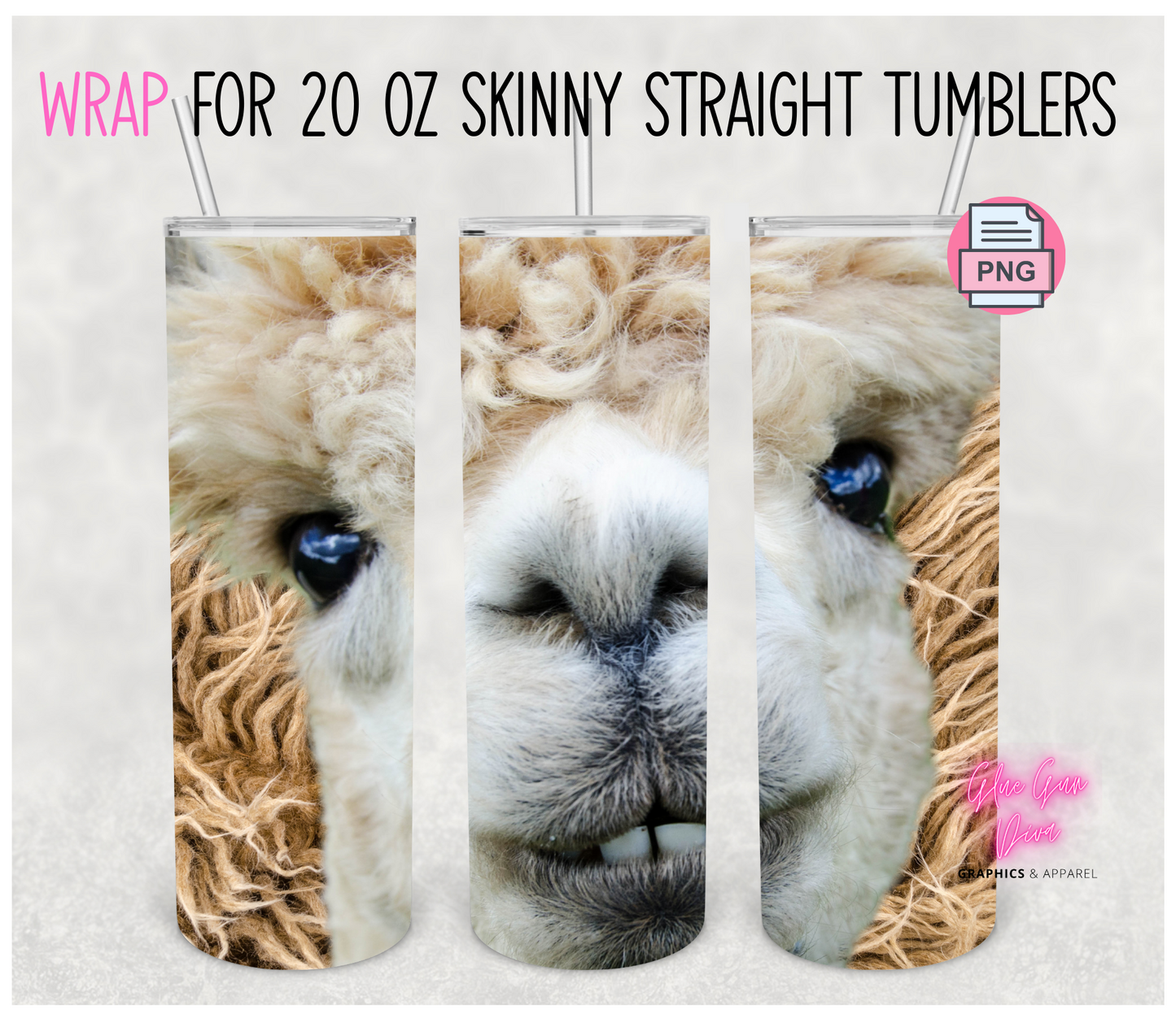 Llama face - Digital tumbler wrap for 20 oz skinny straight tumbler