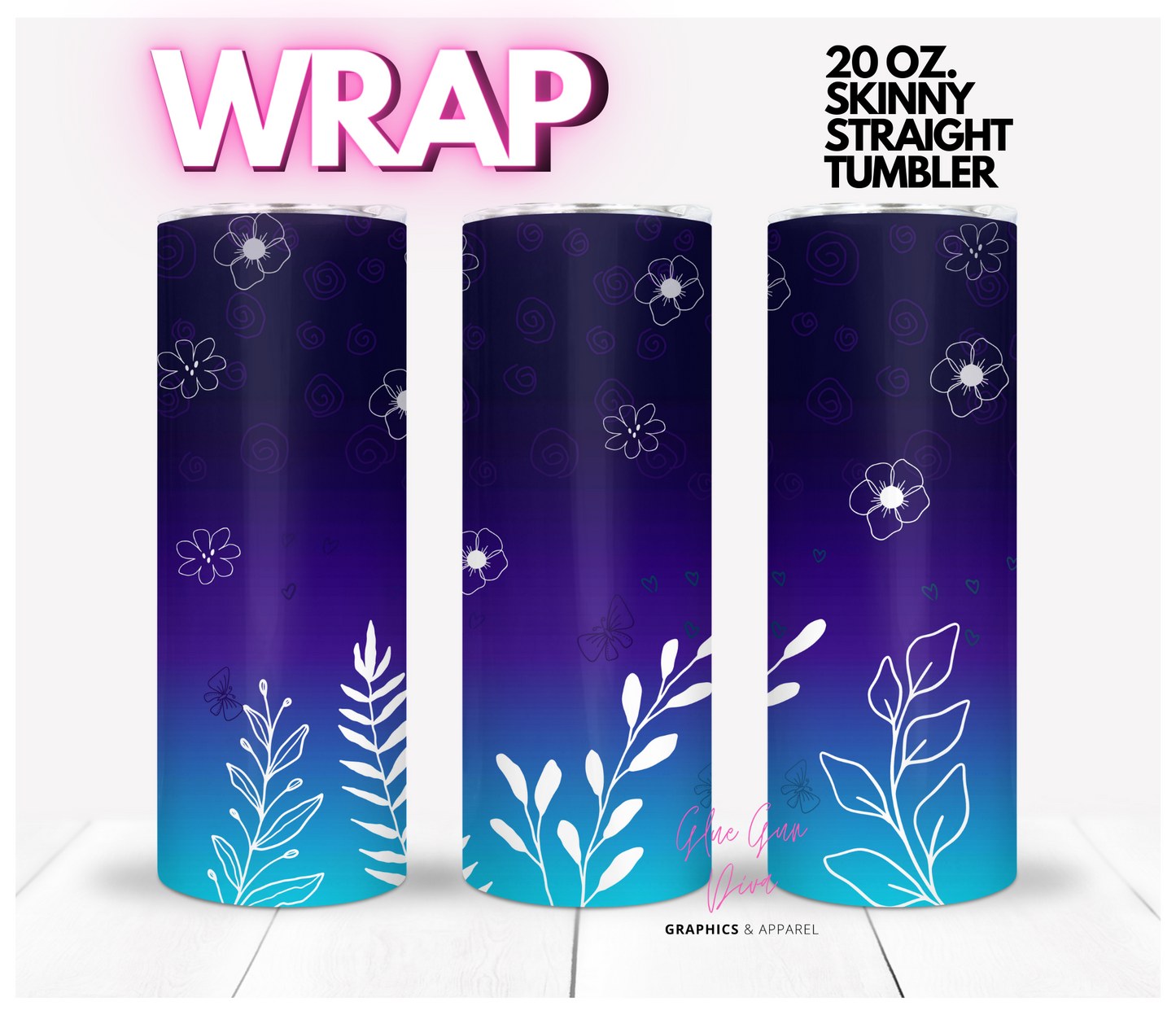 Blue Ombre Flowers- Digital tumbler wrap for 20 oz skinny straight tumbler