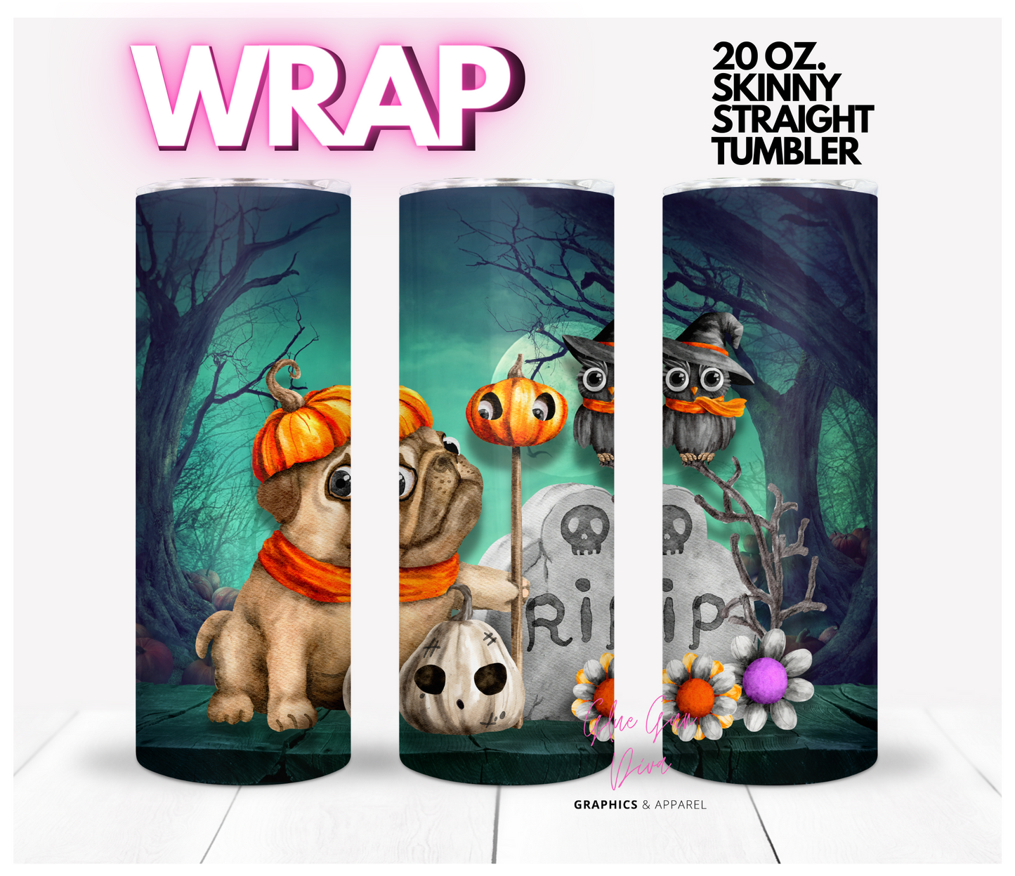 Puppy and friends Halloween -  Digital tumbler wrap for 20 oz skinny straight tumbler