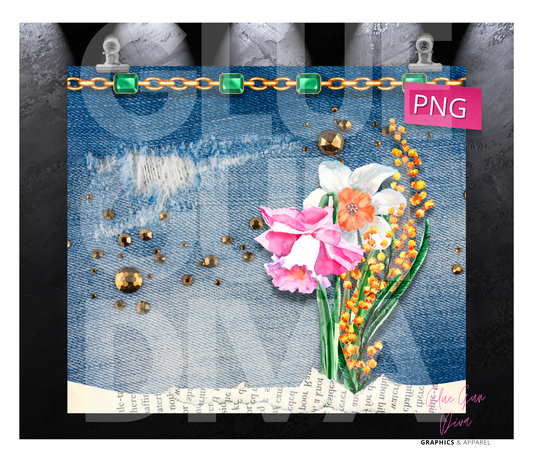 Jeans Flowers and Gems-  Digital tumbler wrap for 20 oz skinny straight tumbler