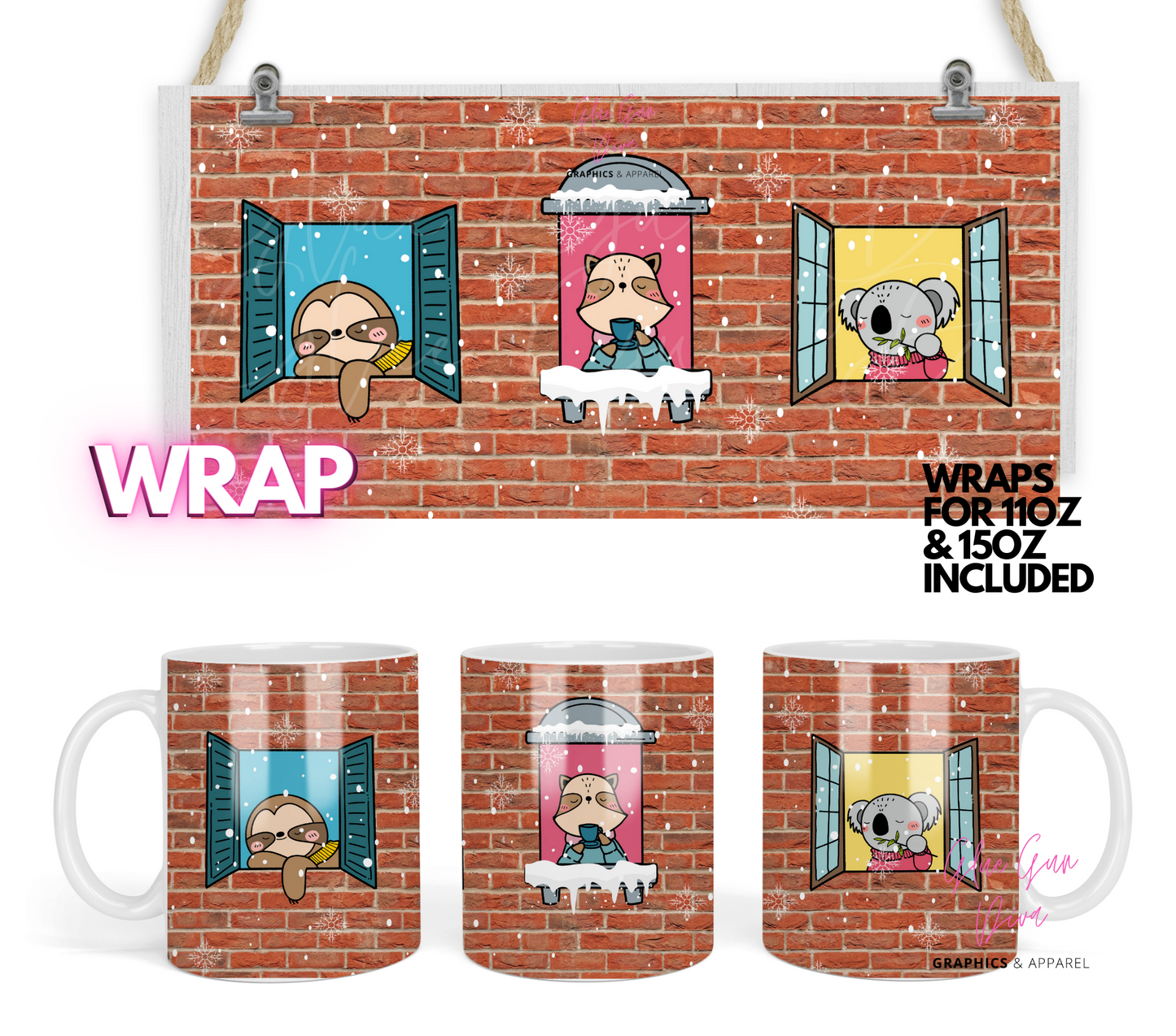 Snowy Windows - Digital mug wrap for 11 and 15 oz