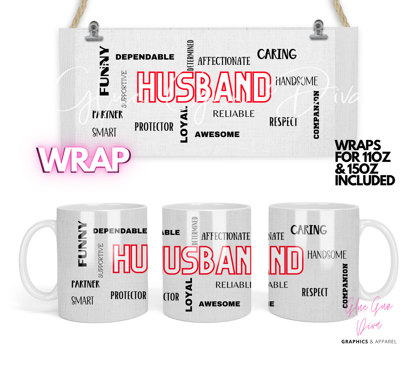 Husband Words - Digital mug wrap for 11 and 15 oz