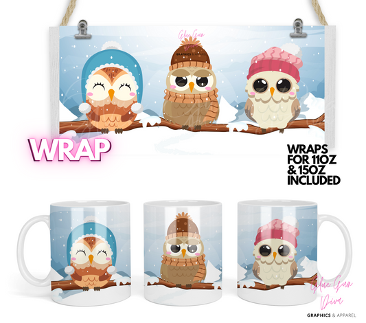 Winter Owls - Digital mug wrap for 11 and 15 oz