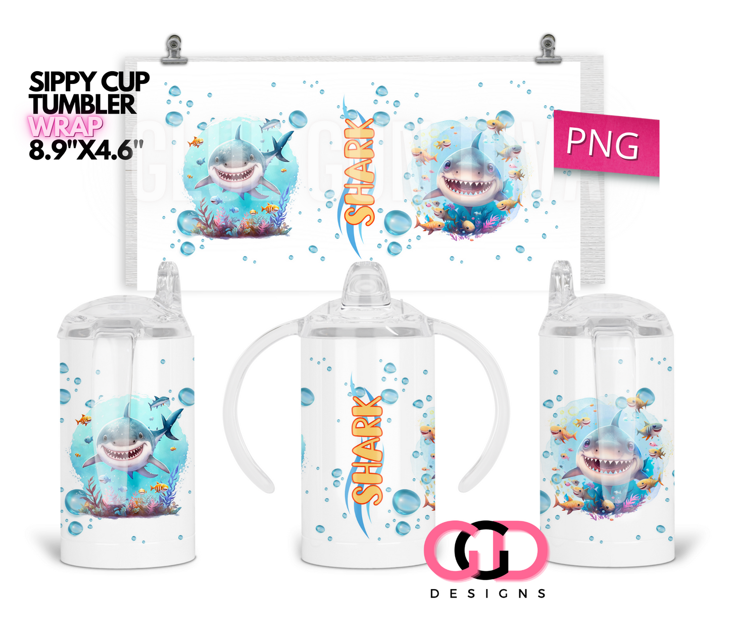 Shark - Digital Sippy Cup Wrap for kid's cups 12 oz