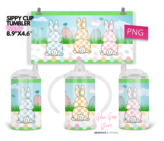 Checkered Easter Bunnies and Birds - Digital Sippy Cup Wrap for kid's cups 12 oz