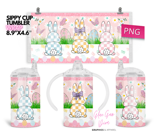 Checkered Easter Bunnies and Butterflies - Digital Sippy Cup Wrap for kid's cups 12 oz