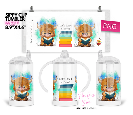 Highland Cow Reader Boy- Digital Sippy Cup Wrap for kid's cups 12 oz